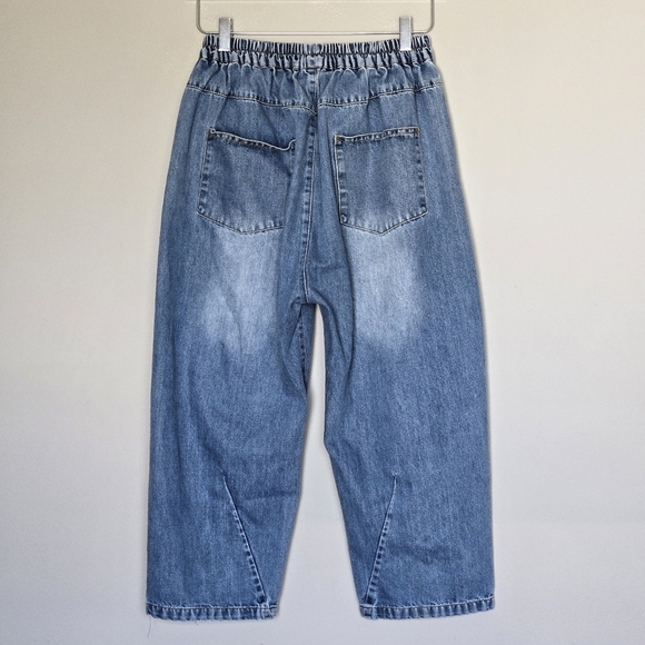 Boho Balloon Barrel Leg Cropped Blue Pull-On Slouchy Distressed Jeans - Picture 2 of 6